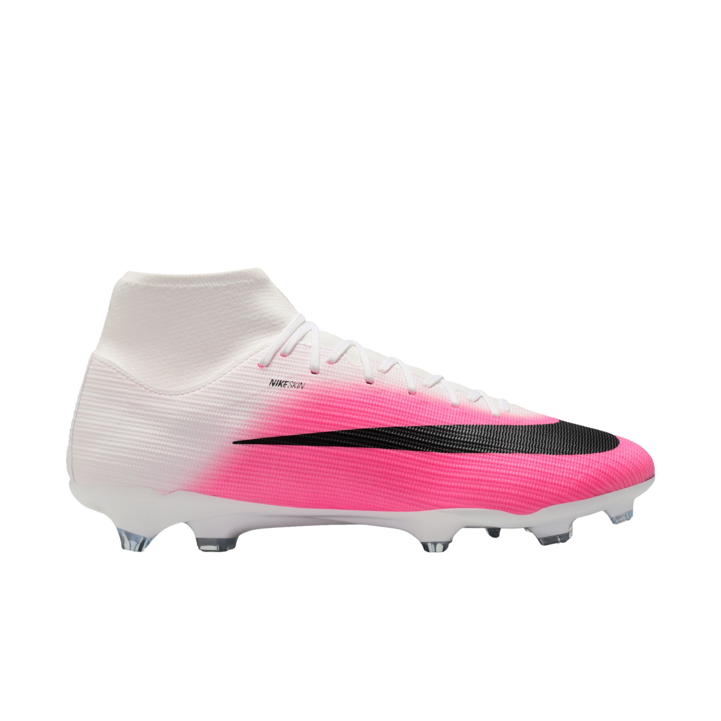 A Nike soccer cleat featuring a white to bright pink gradient upper, a large black swoosh, and white studs.