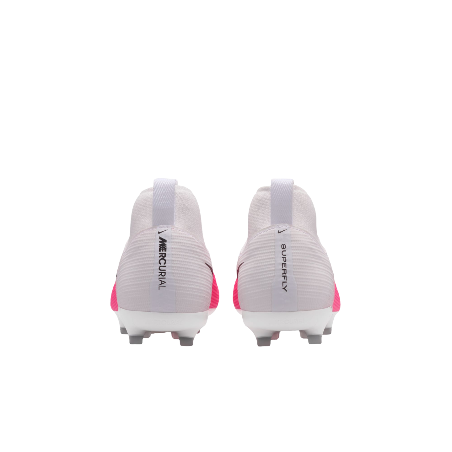 Rear view of white and pink Nike Mercurial Superfly soccer cleats with "MERCURIAL" and "SUPERFLY" text on the heels.