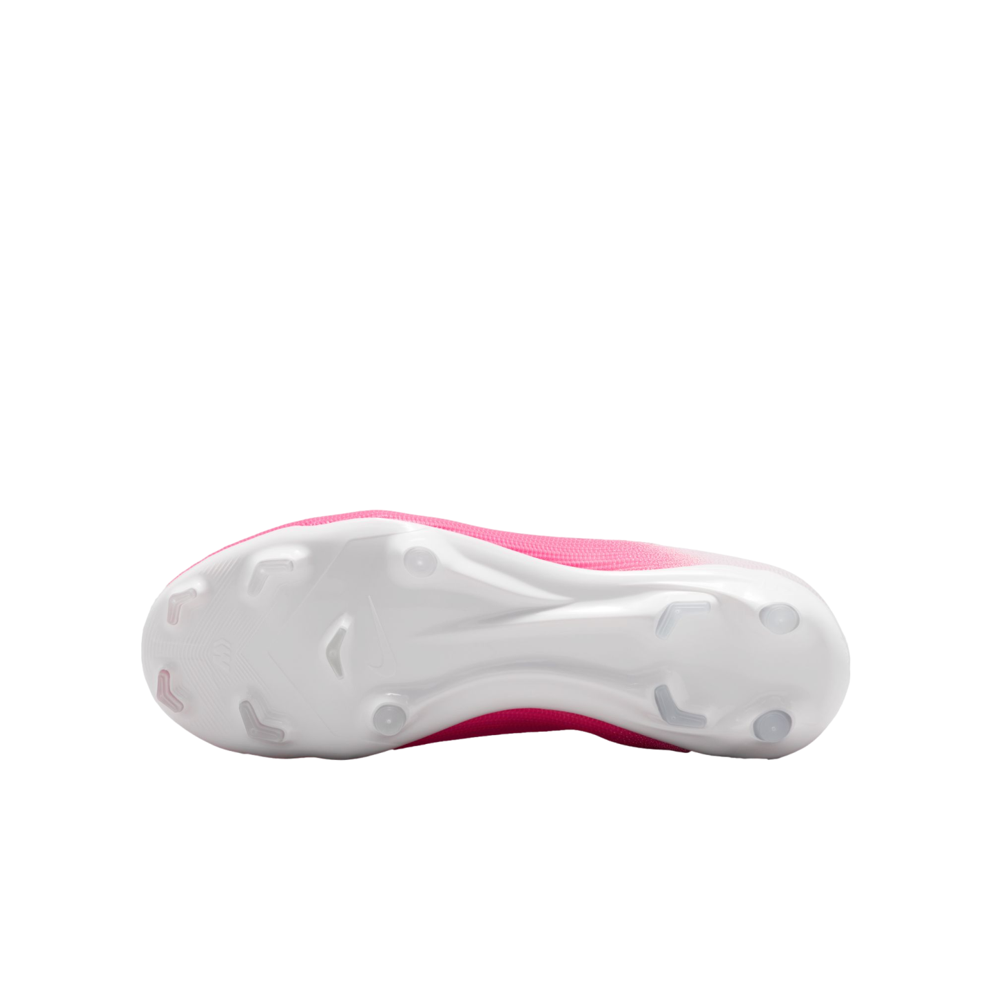 A bottom-up view of a pink and white soccer cleat, featuring its white soleplate and various studs.