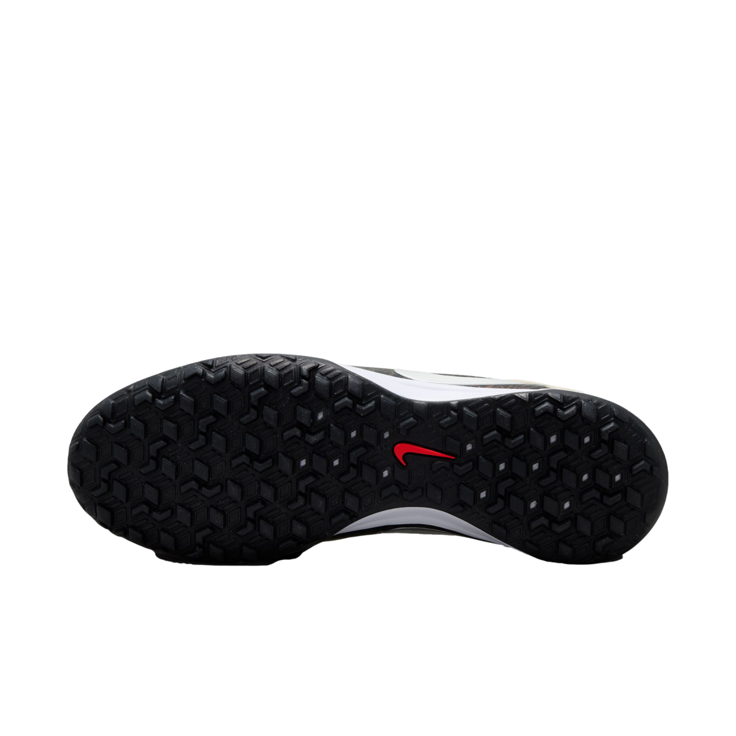 A studio shot of the black rubber outsole of a Nike shoe, featuring a dense, multidirectional traction pattern and a small red swoosh logo in the center, set against a solid black background.