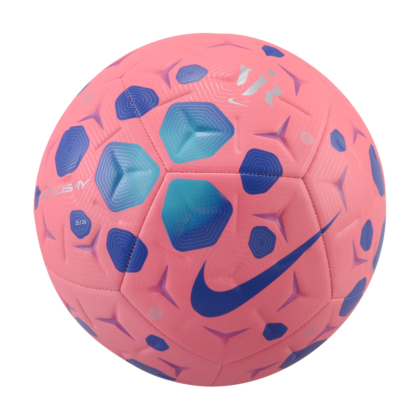 A pink Nike Academy soccer ball with blue and purple geometric patterns and a blue swoosh, centered on a black background.