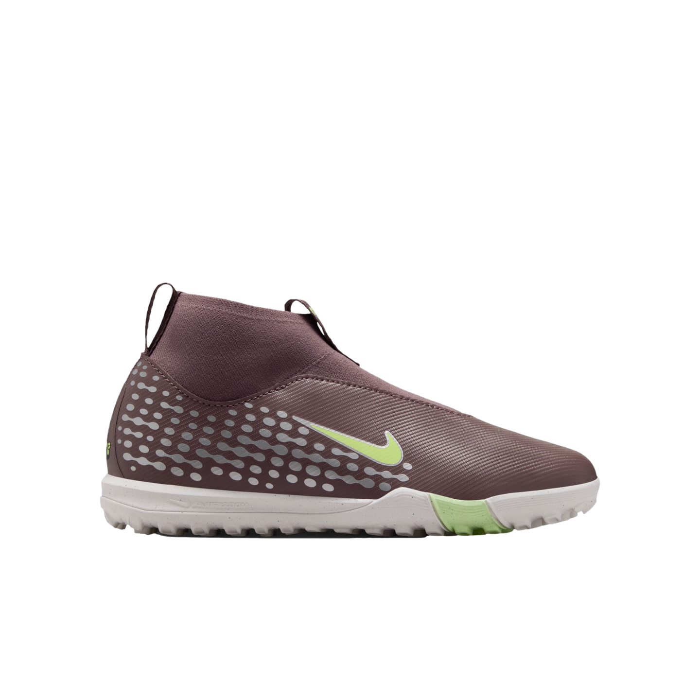 Profile view of a maroon Nike laceless soccer shoe with a light green swoosh and white textured sole against a black background.
