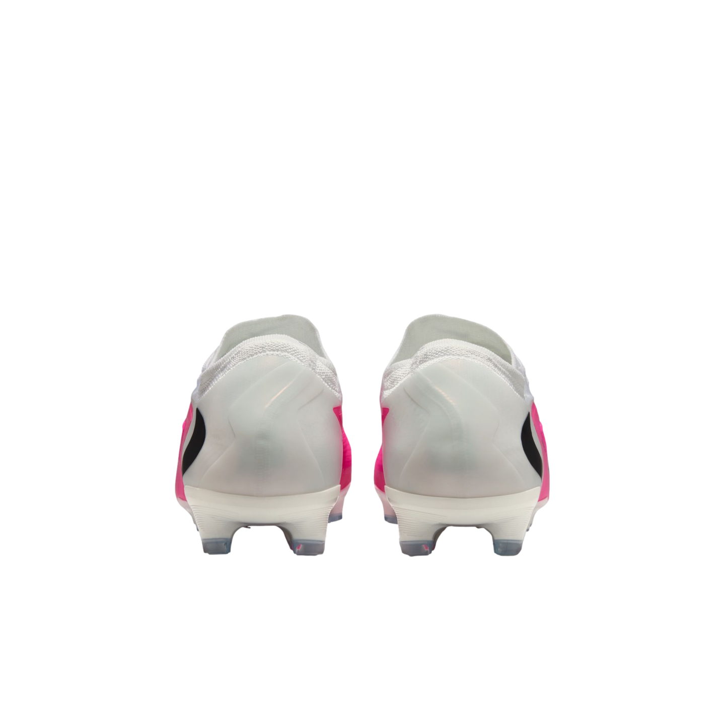 Rear view of white and pink soccer cleats with translucent heel counters and black accents on a white background.