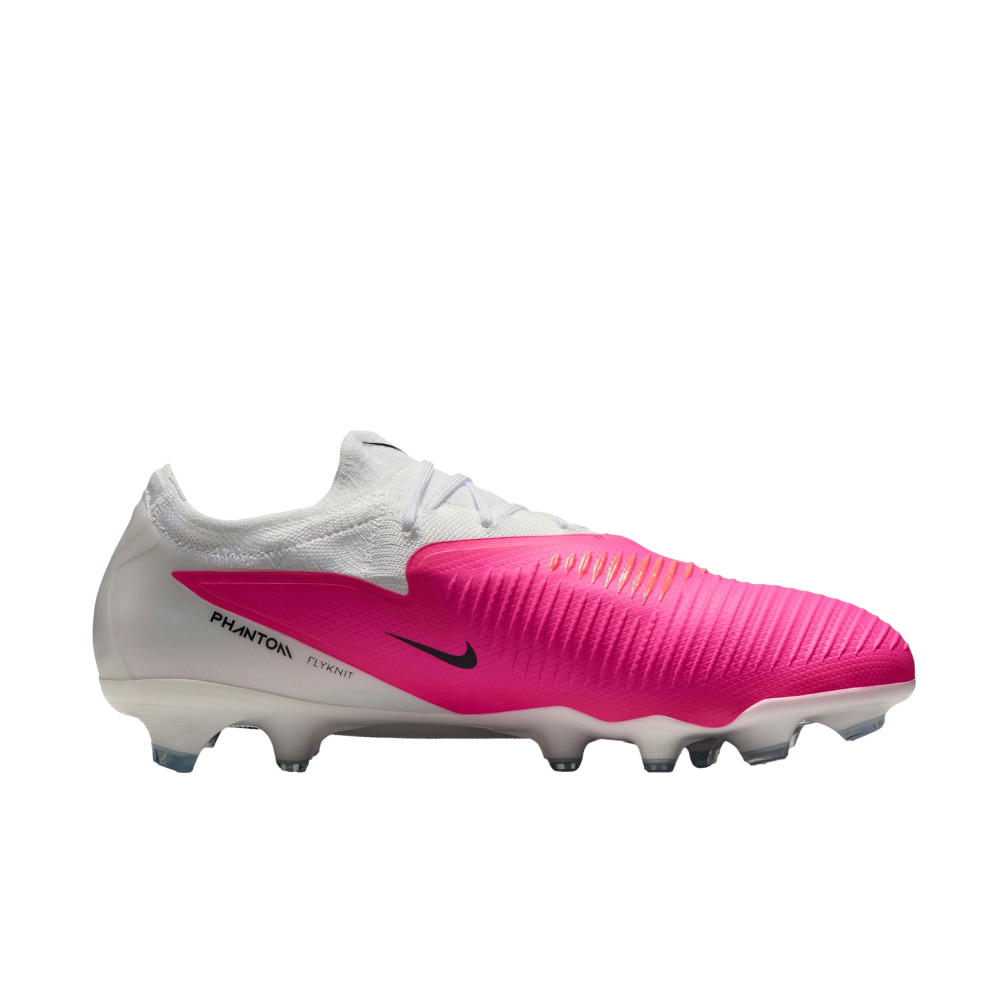 A Nike Phantom Venom soccer cleat in a white and vibrant pink colorway with a black Nike swoosh.
