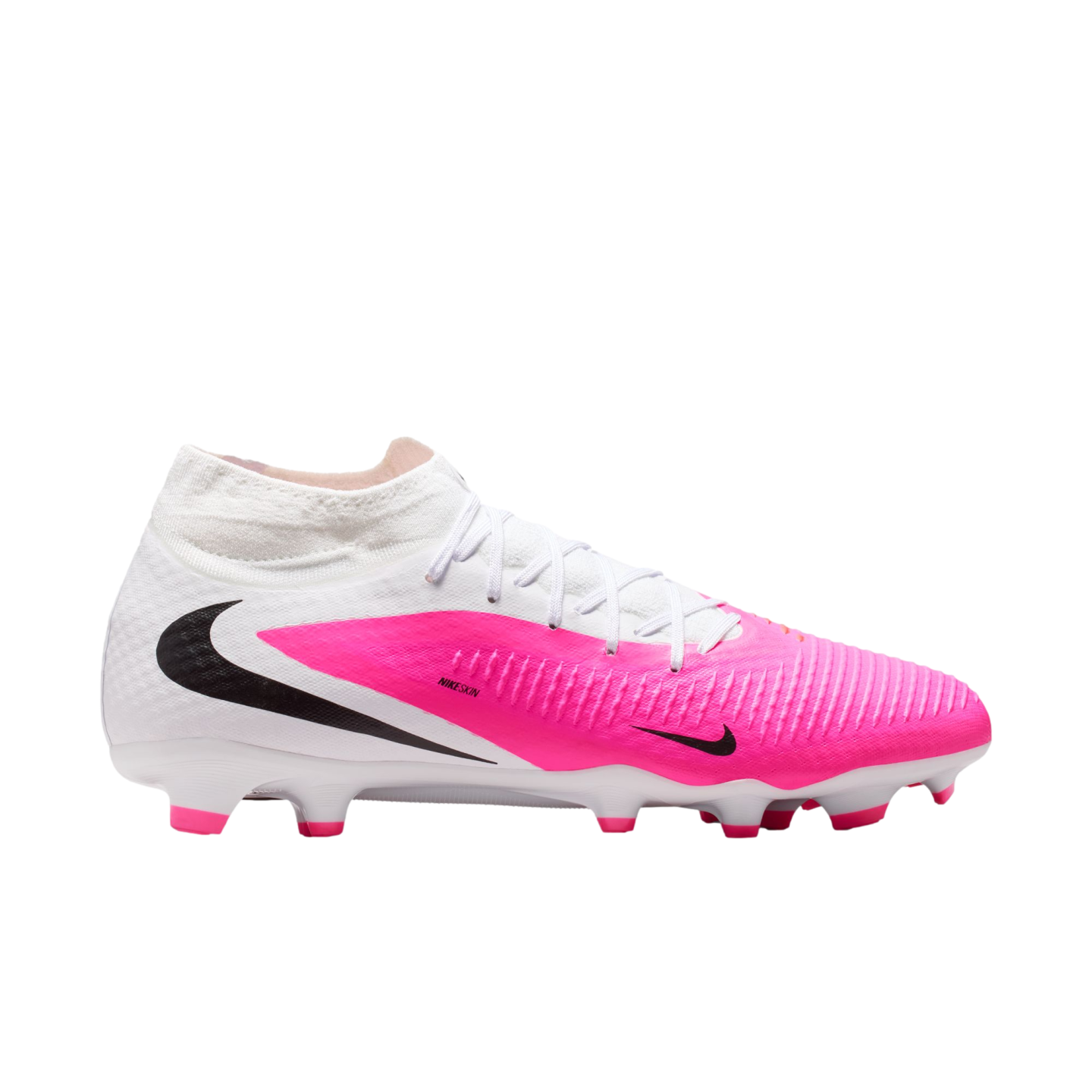 A white and pink Nike soccer cleat with black swooshes, white laces, and a sock-like collar, shown from the side.