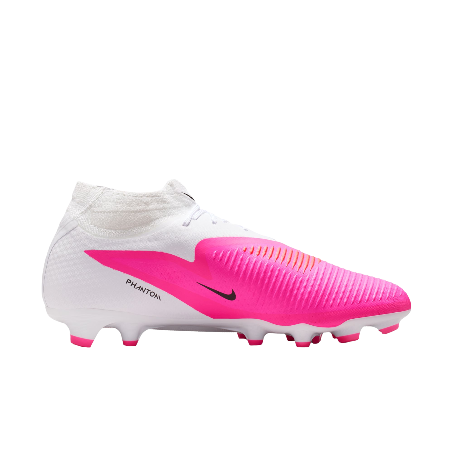 Side profile of a white Nike Phantom football boot featuring a vibrant pink textured forefoot and a black Nike swoosh.