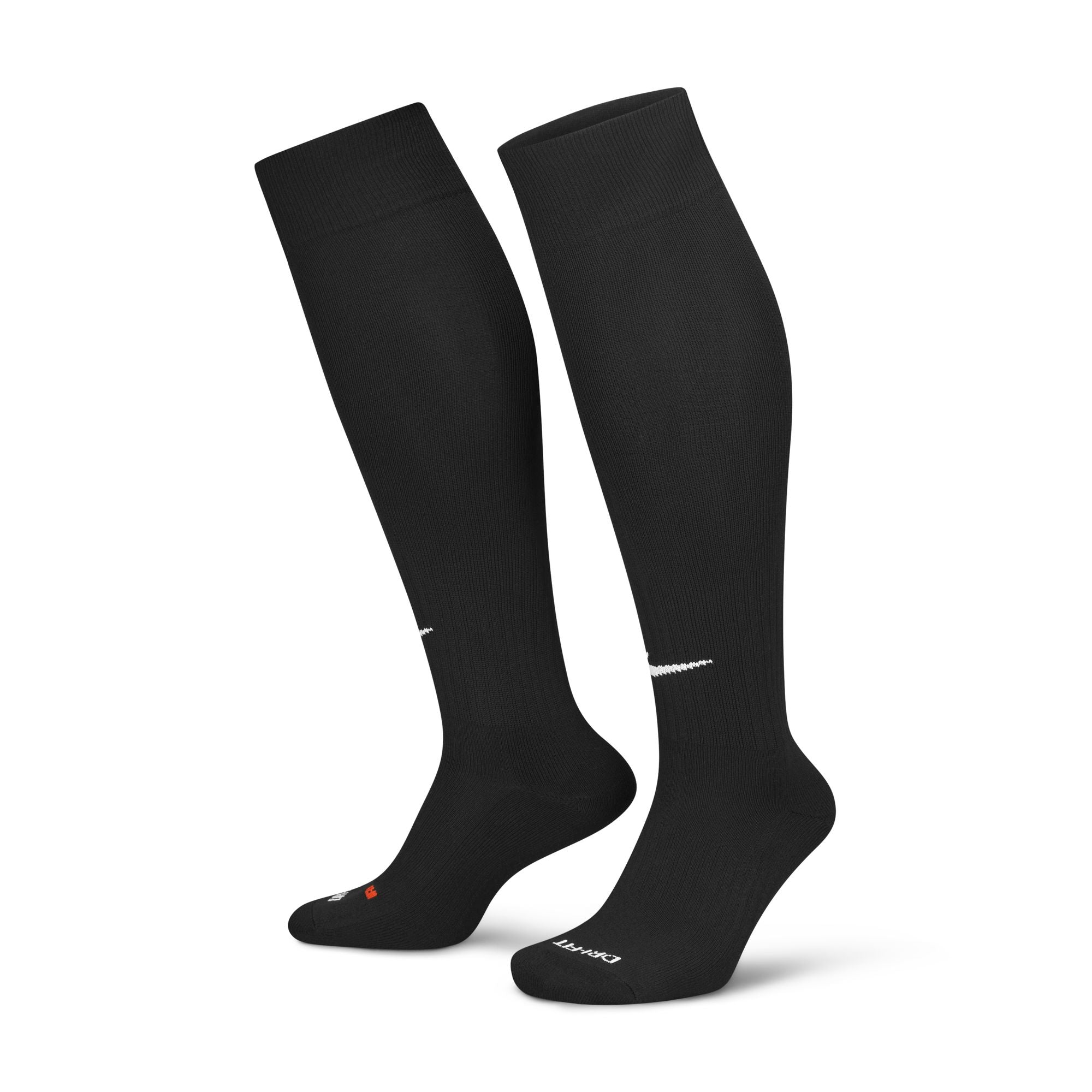 A pair of black Nike Classic II Cushion Over-The-Calf Football Socks featuring a white Nike swoosh on the calf and white "DRI-FIT" branding on the toe.