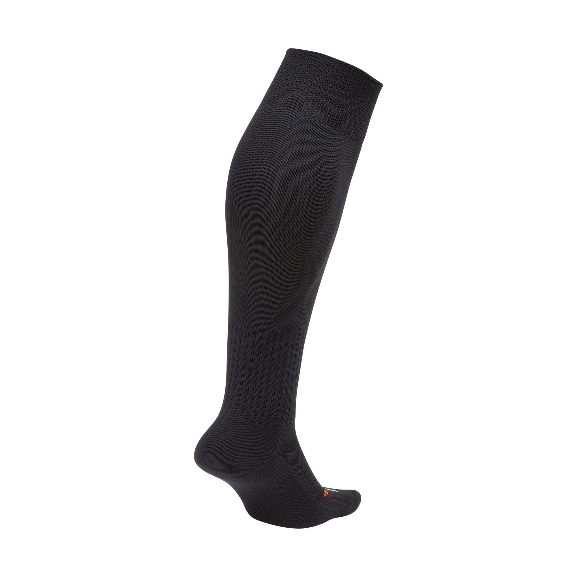 A Nike Classic II Cushion Over-The-Calf Football Sock in black, shown from a side-back angle against a plain white background.