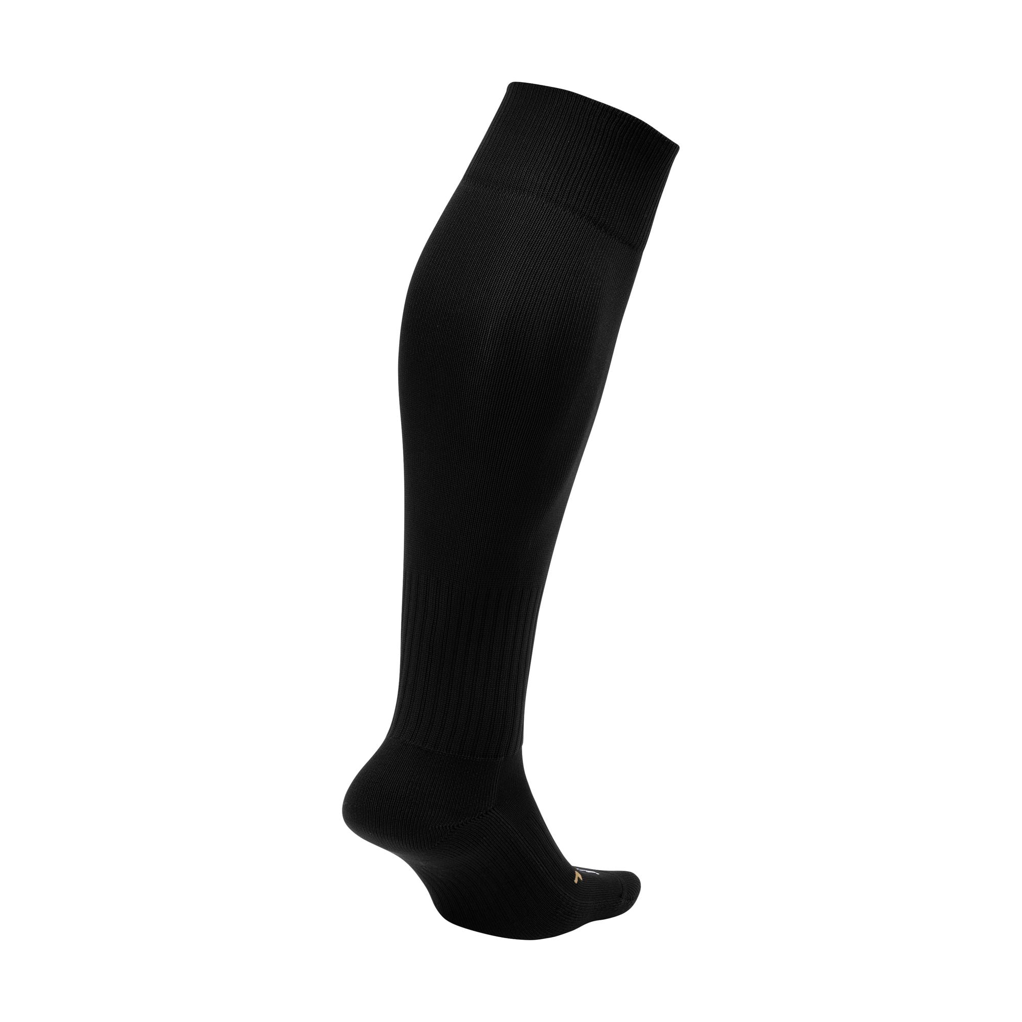 Black knee-high sports sock with ribbed support at the ankle and cuff, shown against a plain white background.