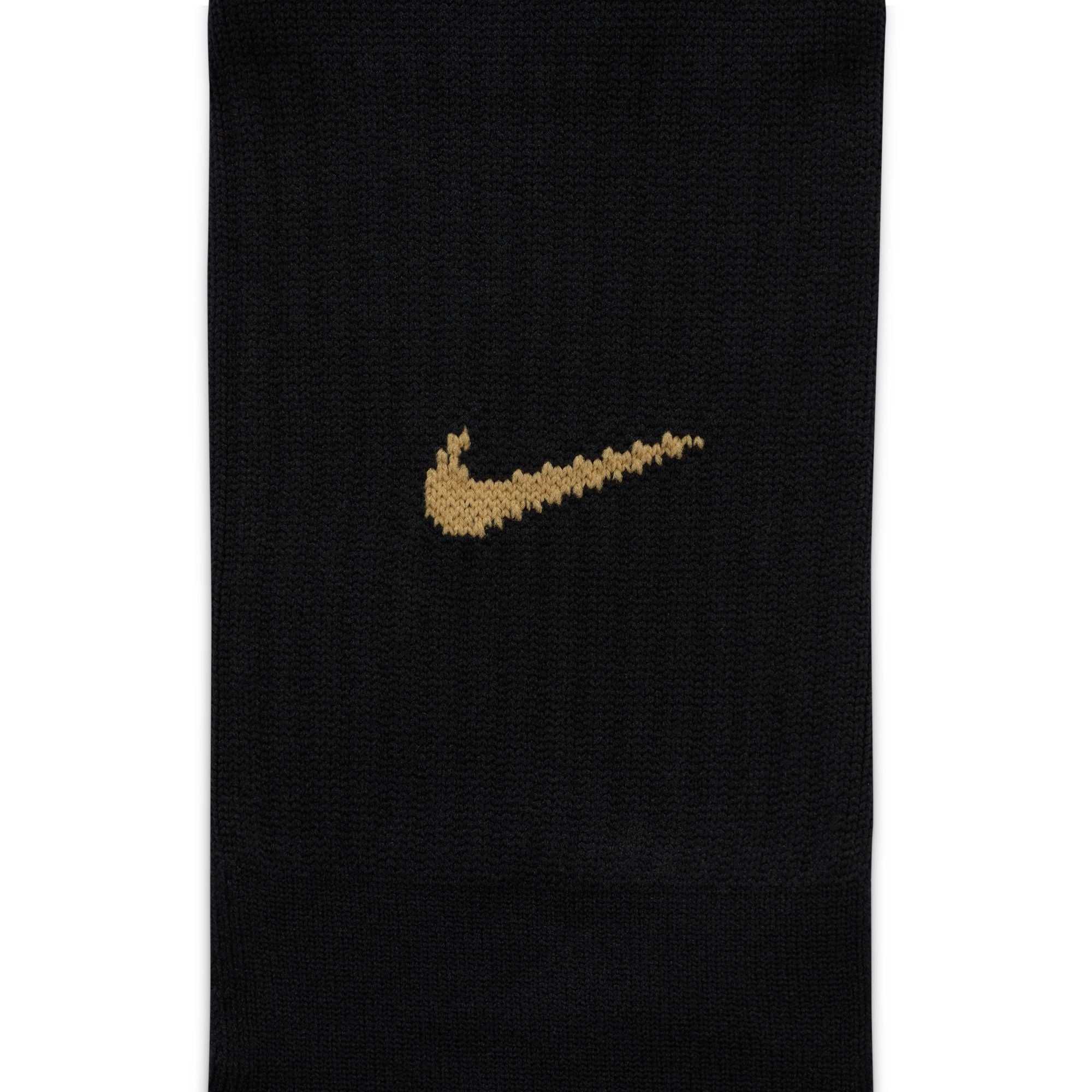 Black knitted fabric with a gold, textured Nike swoosh logo centered.