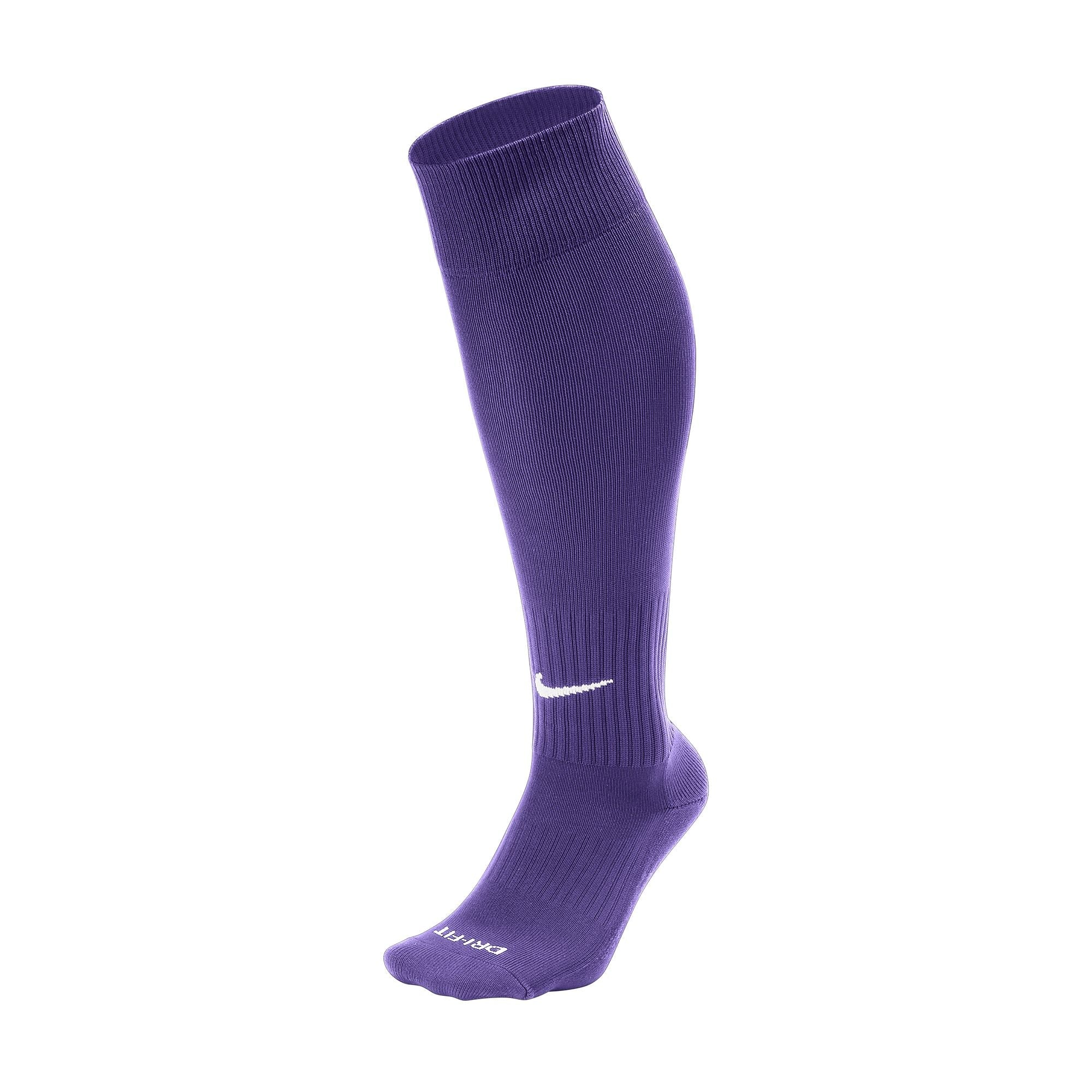 Purple Nike soccer sock featuring a white swoosh logo and "DRI-FIT" branding.