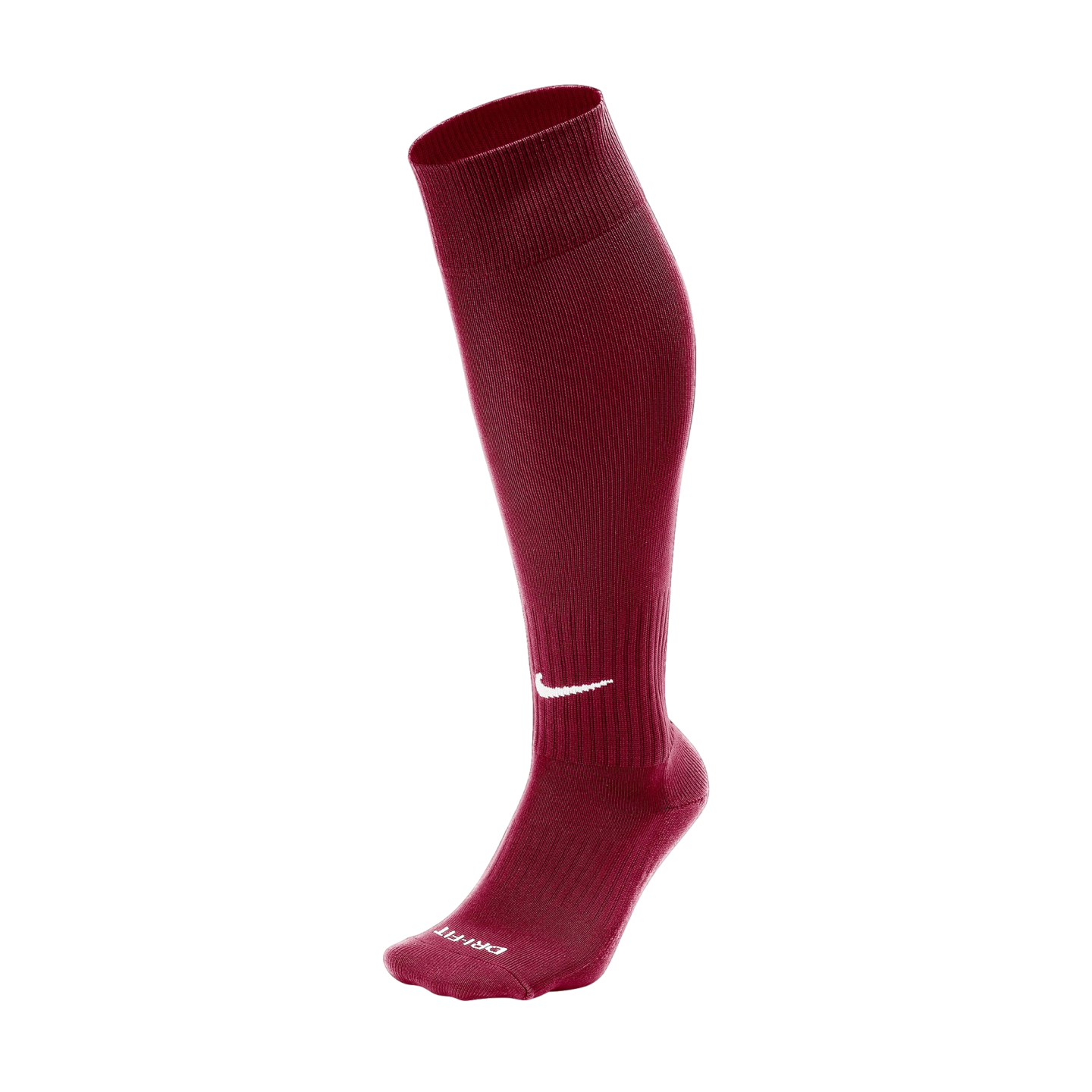 Maroon Nike knee-high athletic sock with a white swoosh logo and DRI-FIT text on the toe, isolated on a black background.