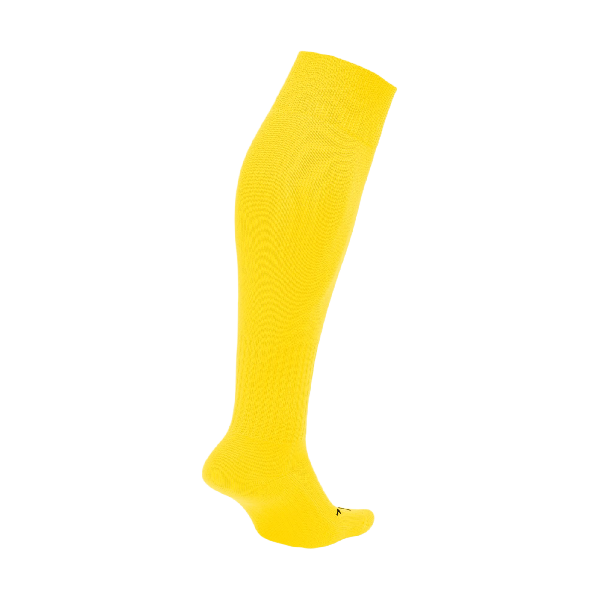 A bright yellow knee-high soccer sock with ribbed sections and a small black logo on the toe, shown against a white background.