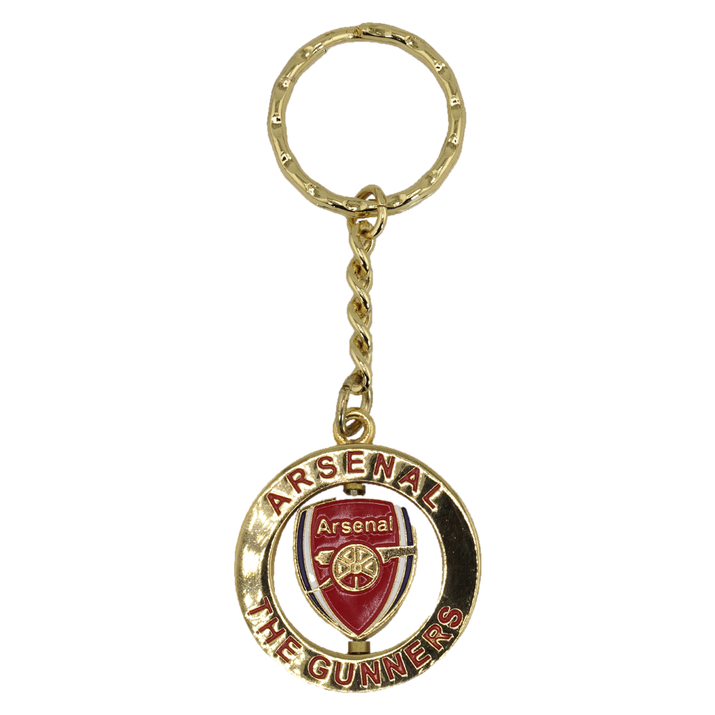 Gold keychain with a spinning circular pendant featuring the Arsenal crest and the words "ARSENAL THE GUNNERS" in red.