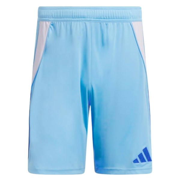 Light blue Adidas athletic shorts with white side panels, thin dark blue stripes along the sides, and a dark blue logo on the lower left leg.