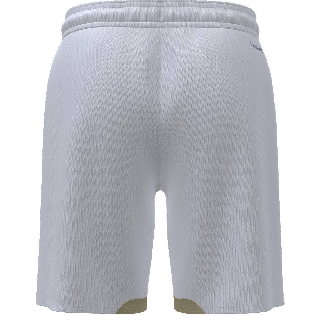 Back view of white athletic mesh shorts featuring an elastic waistband and small gold-colored panels on the inner hem of each leg.