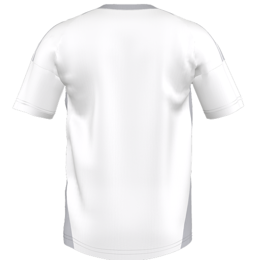 Back view of a white short-sleeved athletic shirt with grey side panels and trim, presented as a 3D digital model.