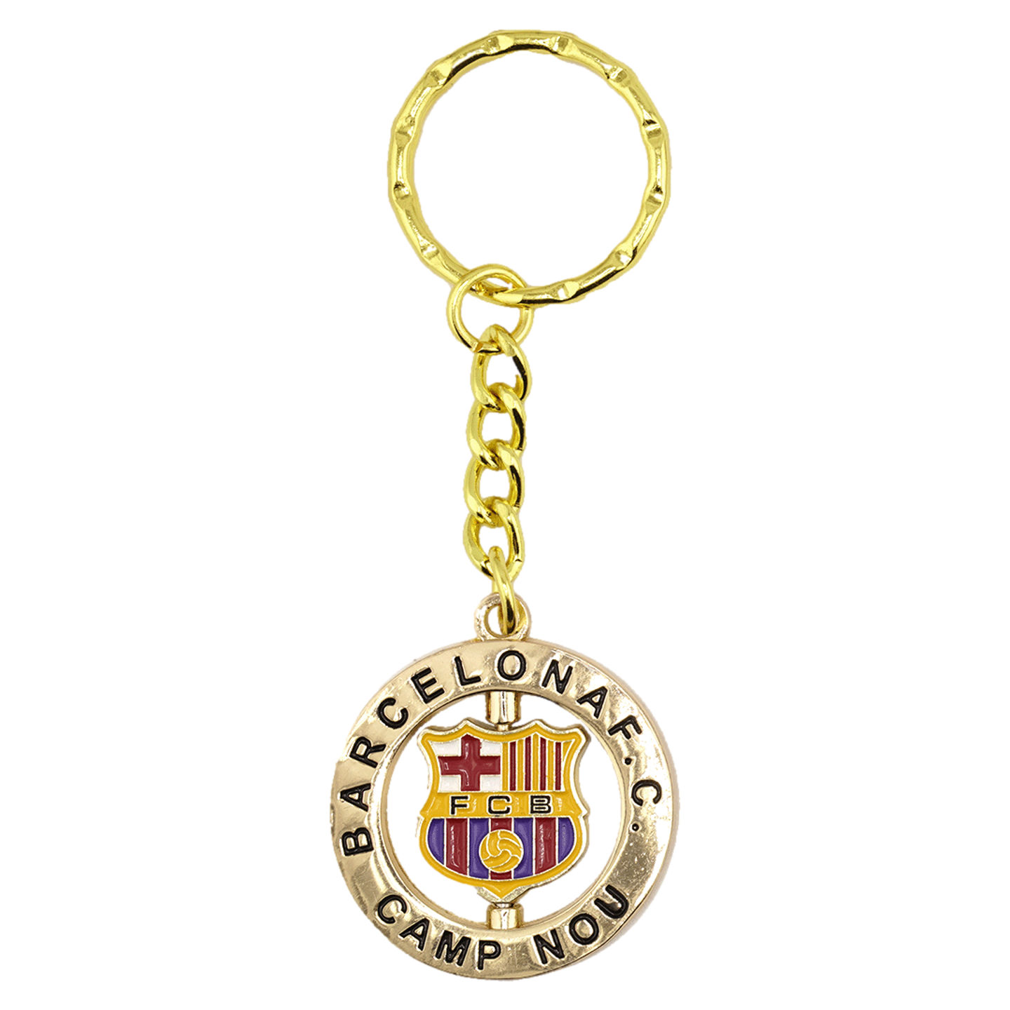 Gold-colored keychain featuring a spinning FC Barcelona crest inside an outer ring engraved with "BARCELONA F.C." and "CAMP NOU."
