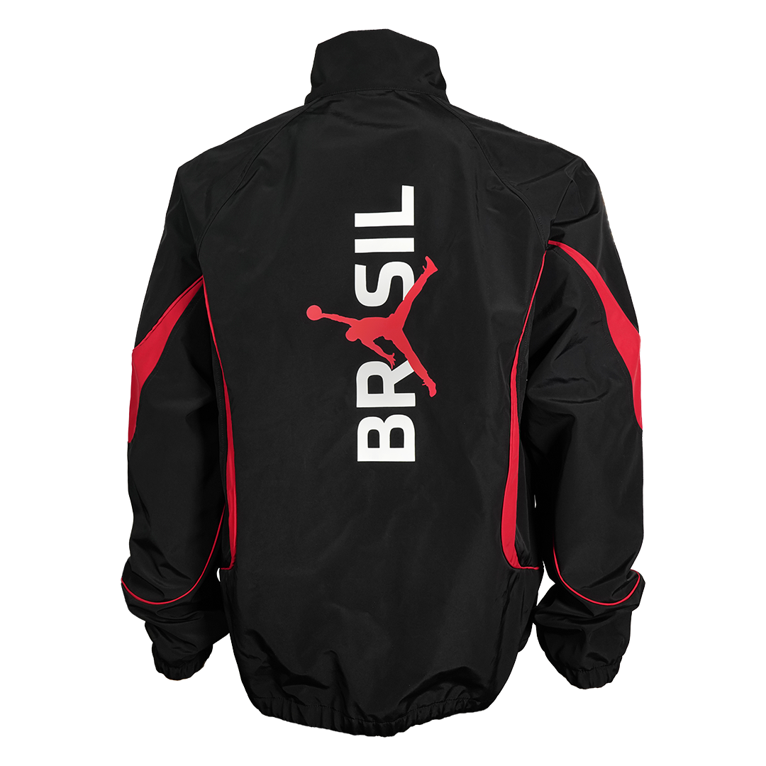 Back of a black Jordan athletic jacket with red accents. Features a large white vertical "BRASIL" text overlaid with a red Jumpman logo.