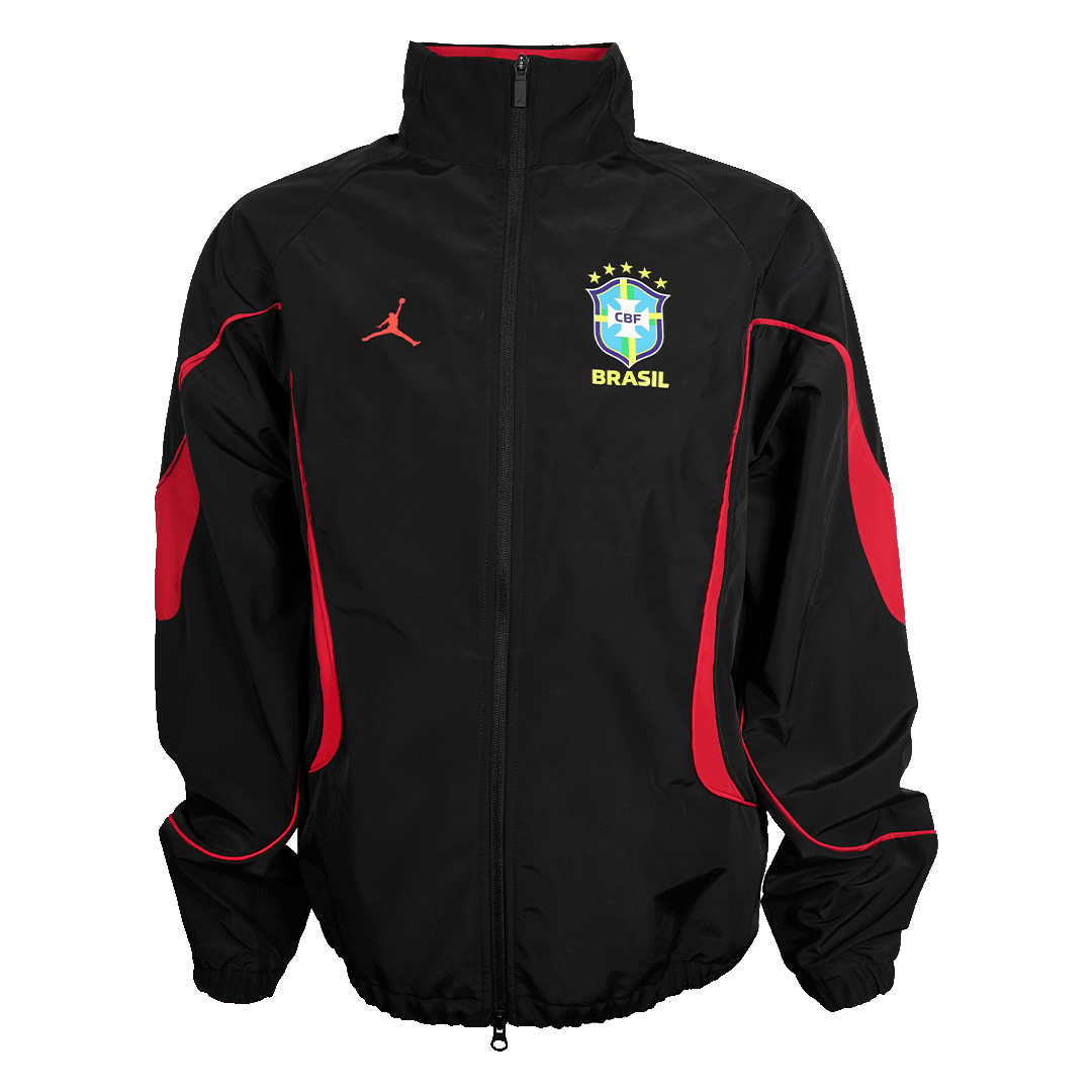 Black zip-up windbreaker jacket with red accents, featuring a red Jordan Jumpman logo and the Brazil national football team crest on the chest.