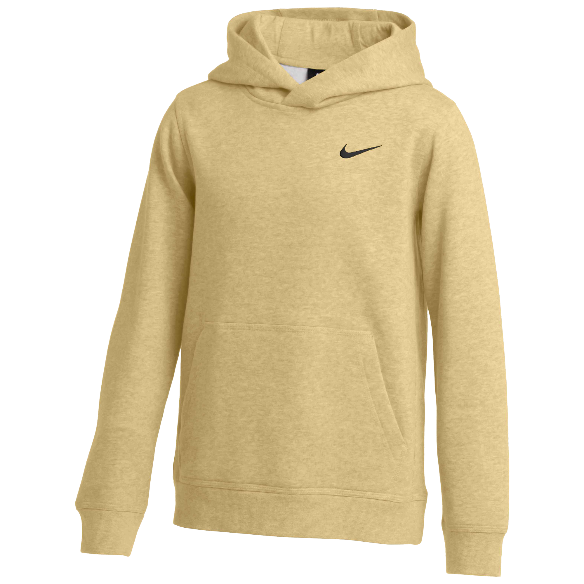 A tan Nike pullover hoodie with a black swoosh logo on the chest, featuring a kangaroo pocket and ribbed cuffs and hem.