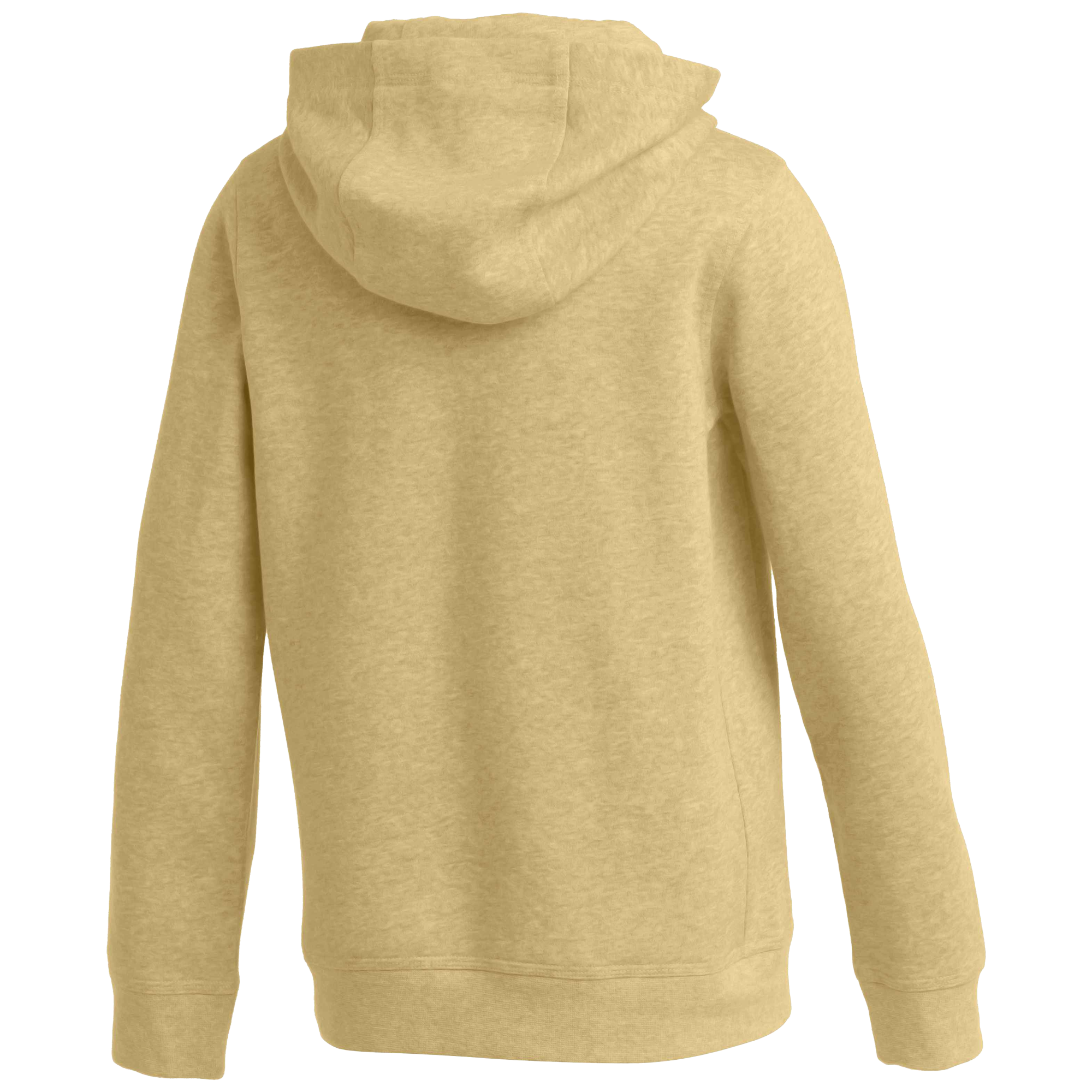 Back view of a light tan heathered hoodie with long sleeves and ribbed cuffs and hem.