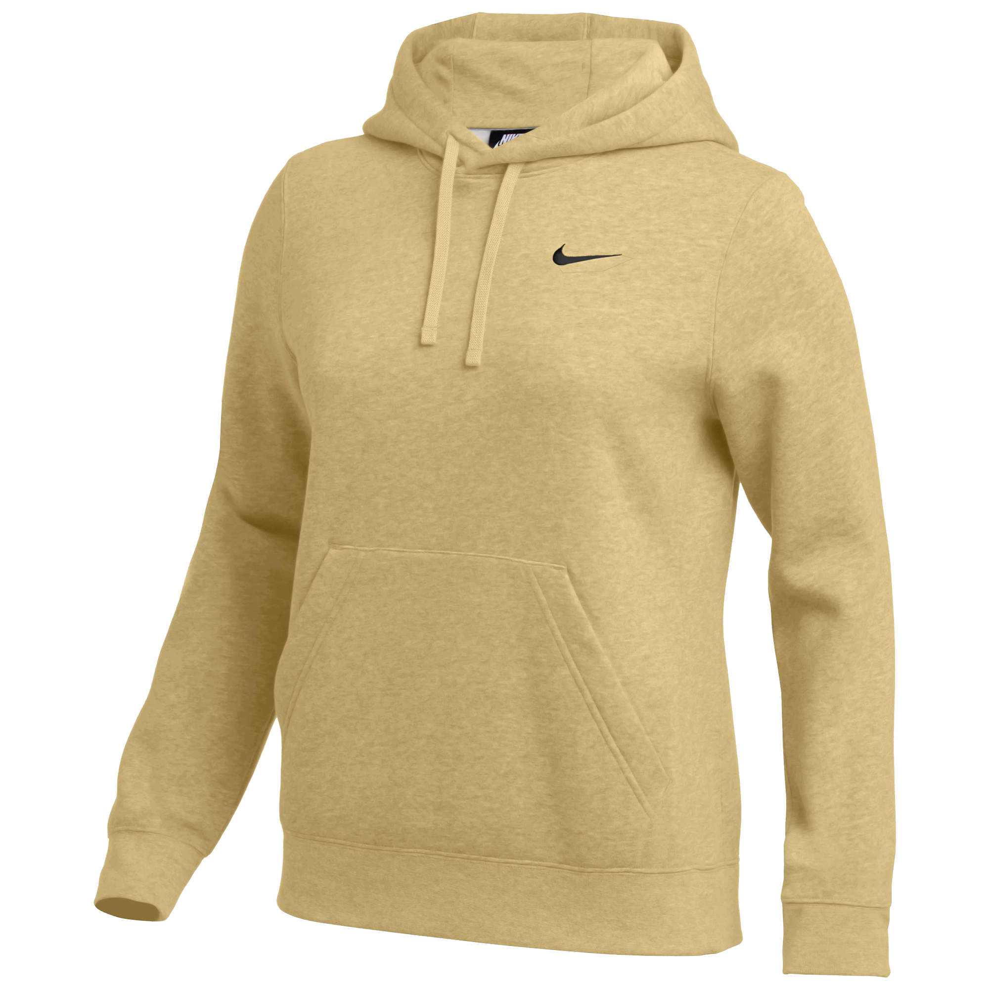 A heathered gold-colored Nike hoodie featuring a hood with drawstrings, a front kangaroo pocket, and a small black swoosh logo on the left chest.