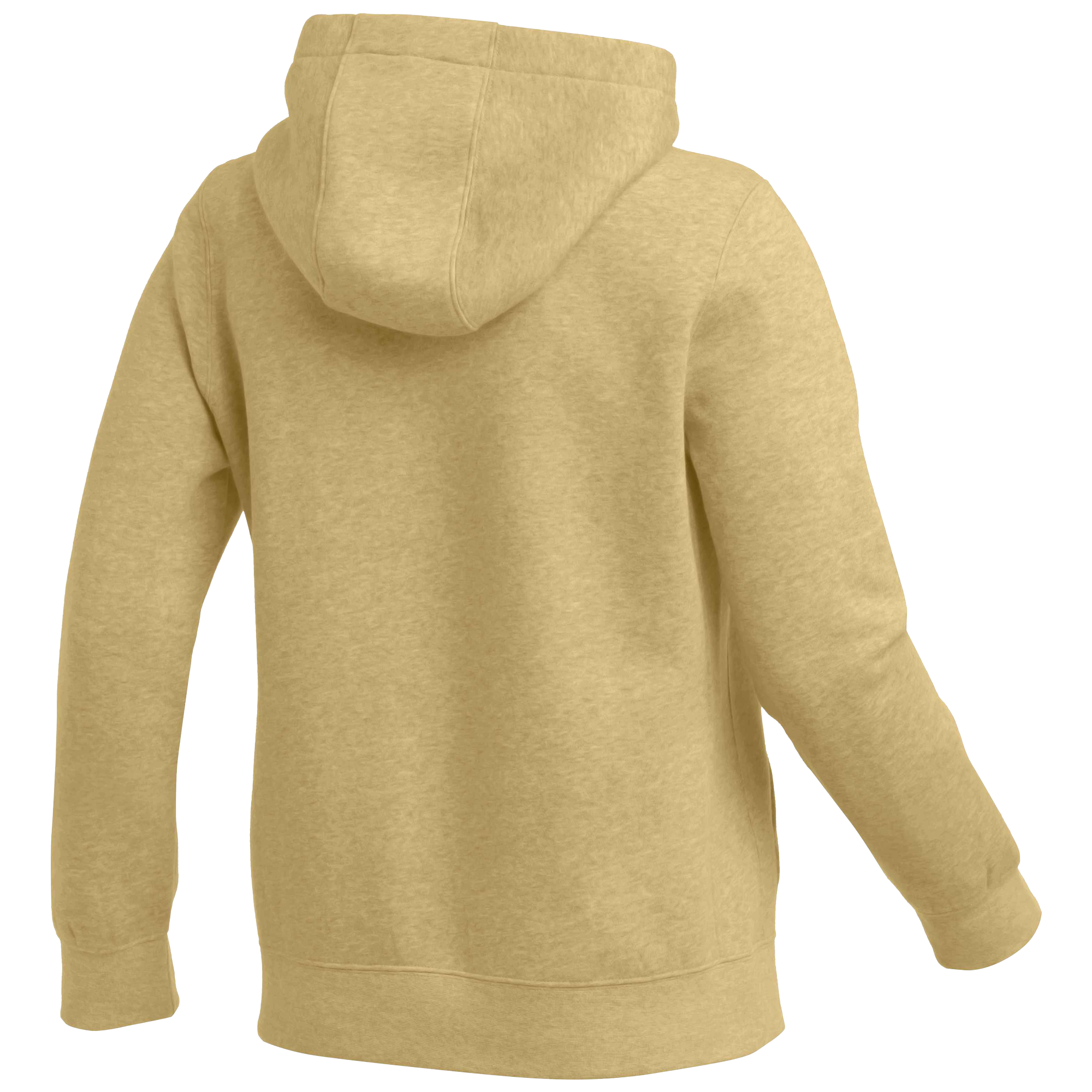 Rear view of a tan heathered hoodie featuring long sleeves, a hood, and ribbed waistband and cuffs.