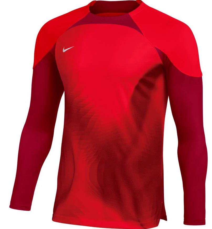A long-sleeved Nike athletic shirt in two shades of red. It features a bright red shoulder panel, a white Nike swoosh on the chest, and a subtle wavy tonal pattern across the front.
