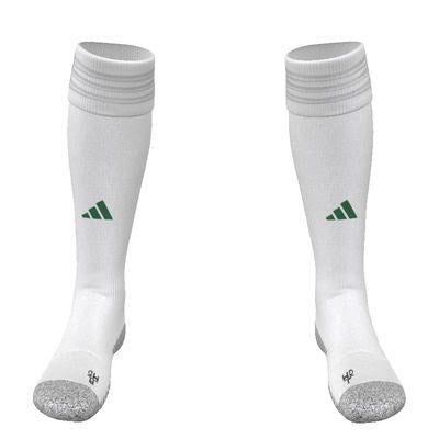 Pair of white knee-high Adidas athletic socks with a green logo on the shin and grey reinforced toes.