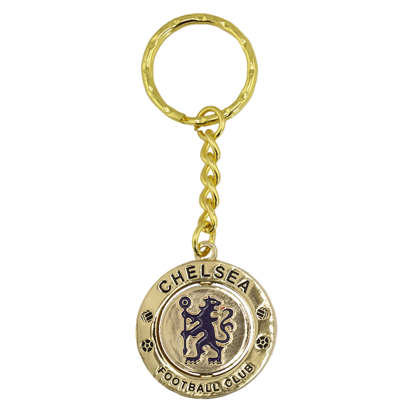 Gold-colored keychain with a circular pendant featuring the Chelsea Football Club crest, a blue lion holding a staff, and the text "CHELSEA FOOTBALL CLUB."