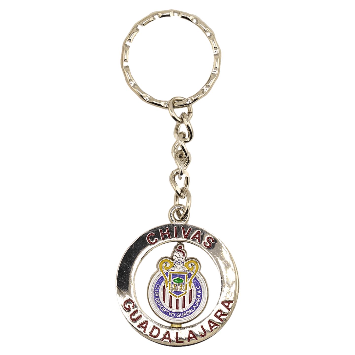 Silver keychain with a rotating Chivas Guadalajara soccer team crest inside a circular metal frame engraved with "CHIVAS" and "GUADALAJARA."