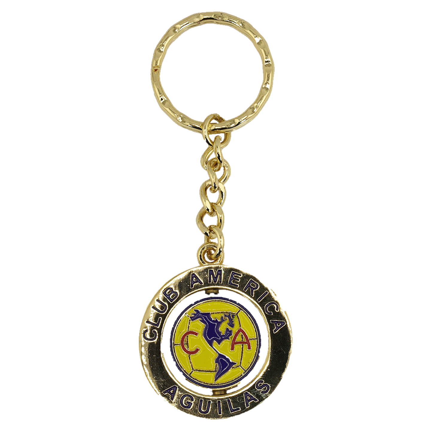 Gold keychain with a circular Club América pendant featuring the team's map logo and the words "CLUB AMERICA AGUILAS" on the outer ring.