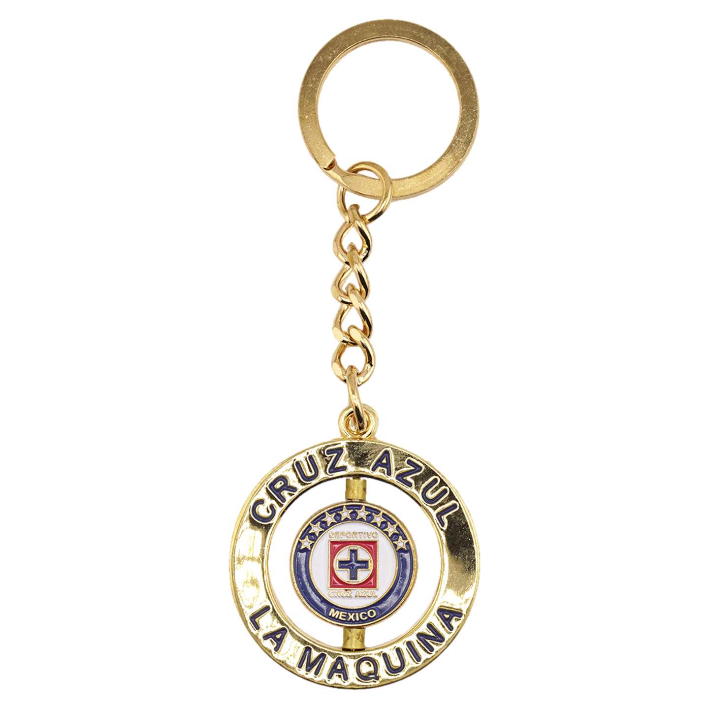 A gold-toned keychain with a rotating circular pendant featuring the Cruz Azul soccer team crest and "LA MAQUINA" inscription.