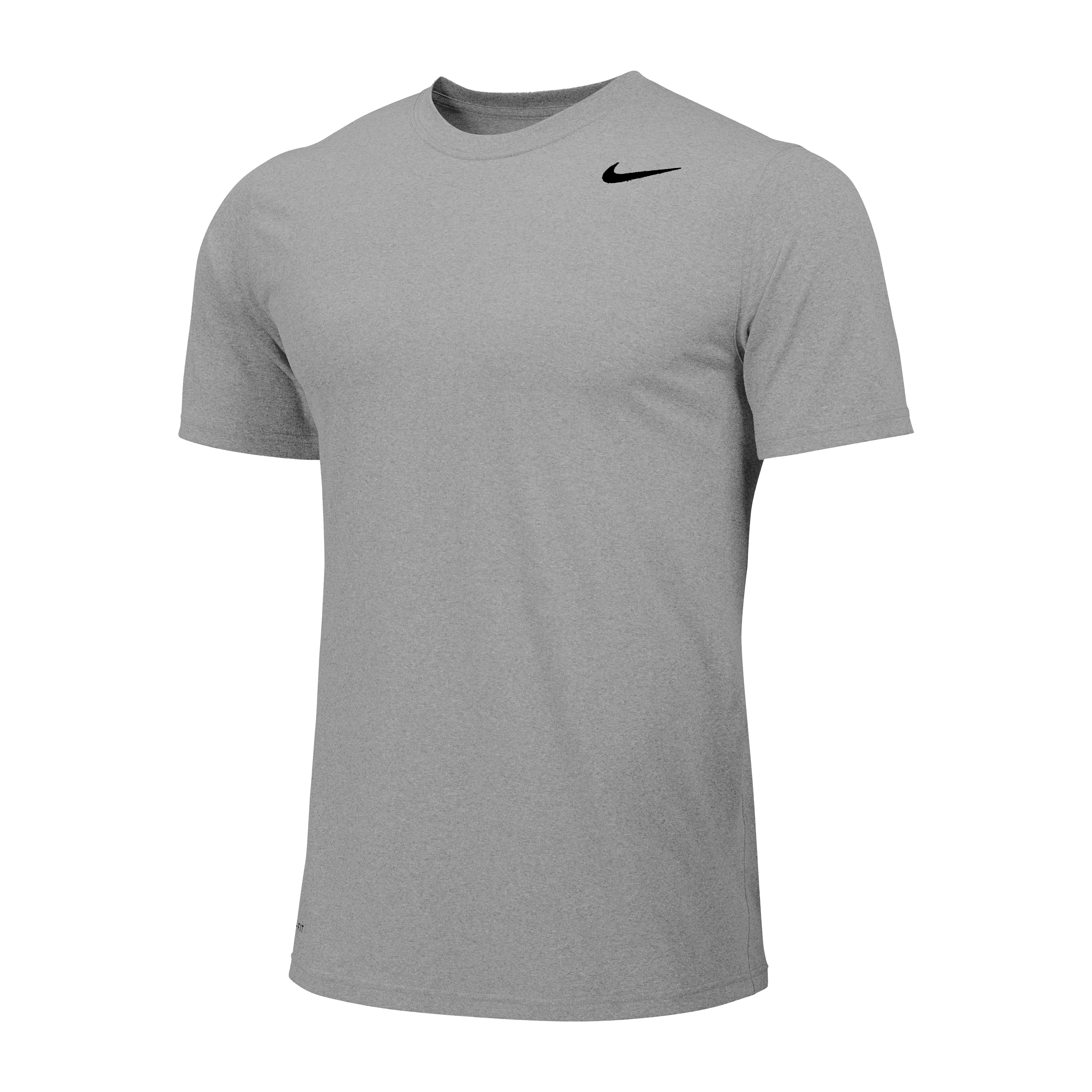 Heather gray Nike short-sleeve performance t-shirt with a black swoosh logo on the upper left chest.
