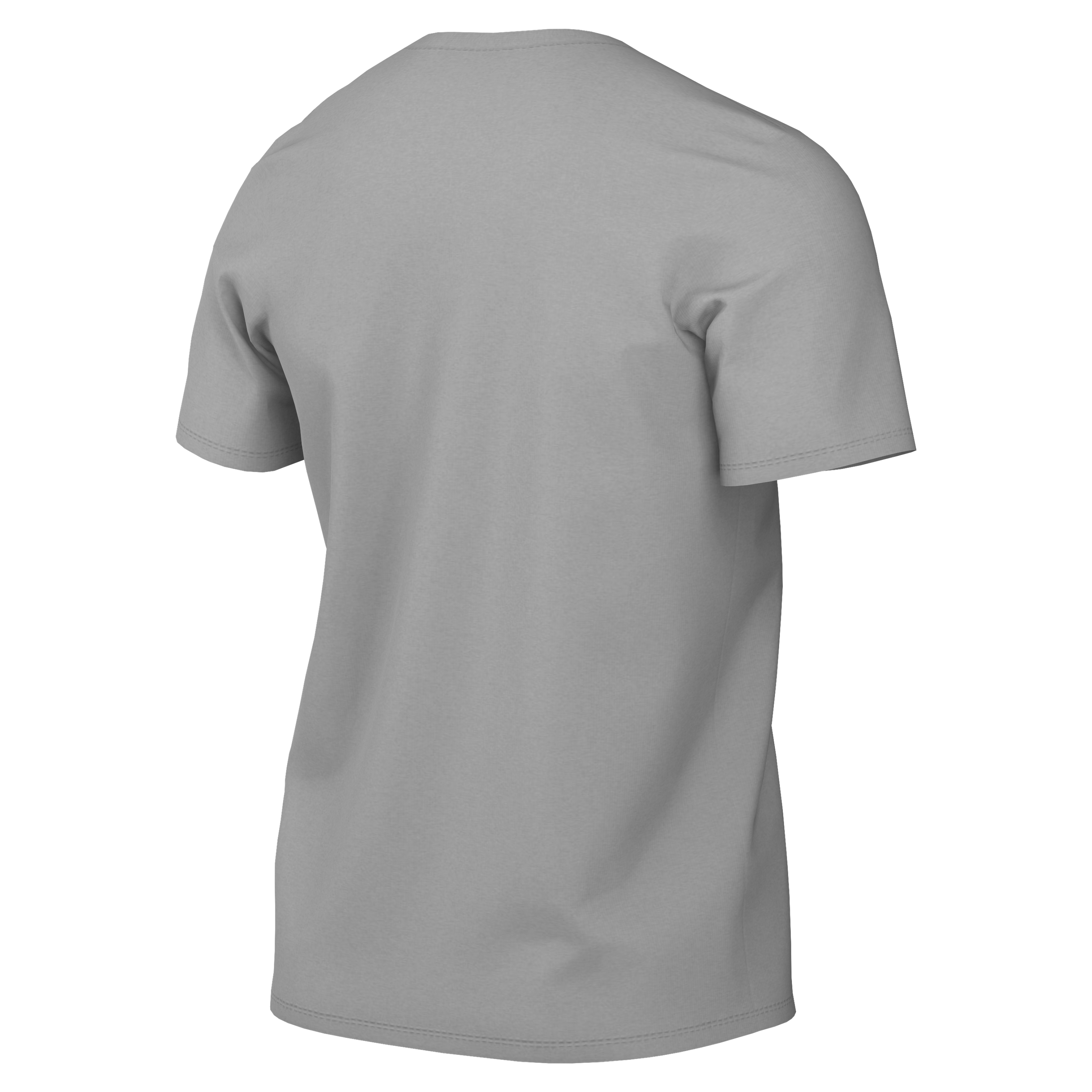 Back view of a plain grey short-sleeved crewneck t-shirt against a black background.