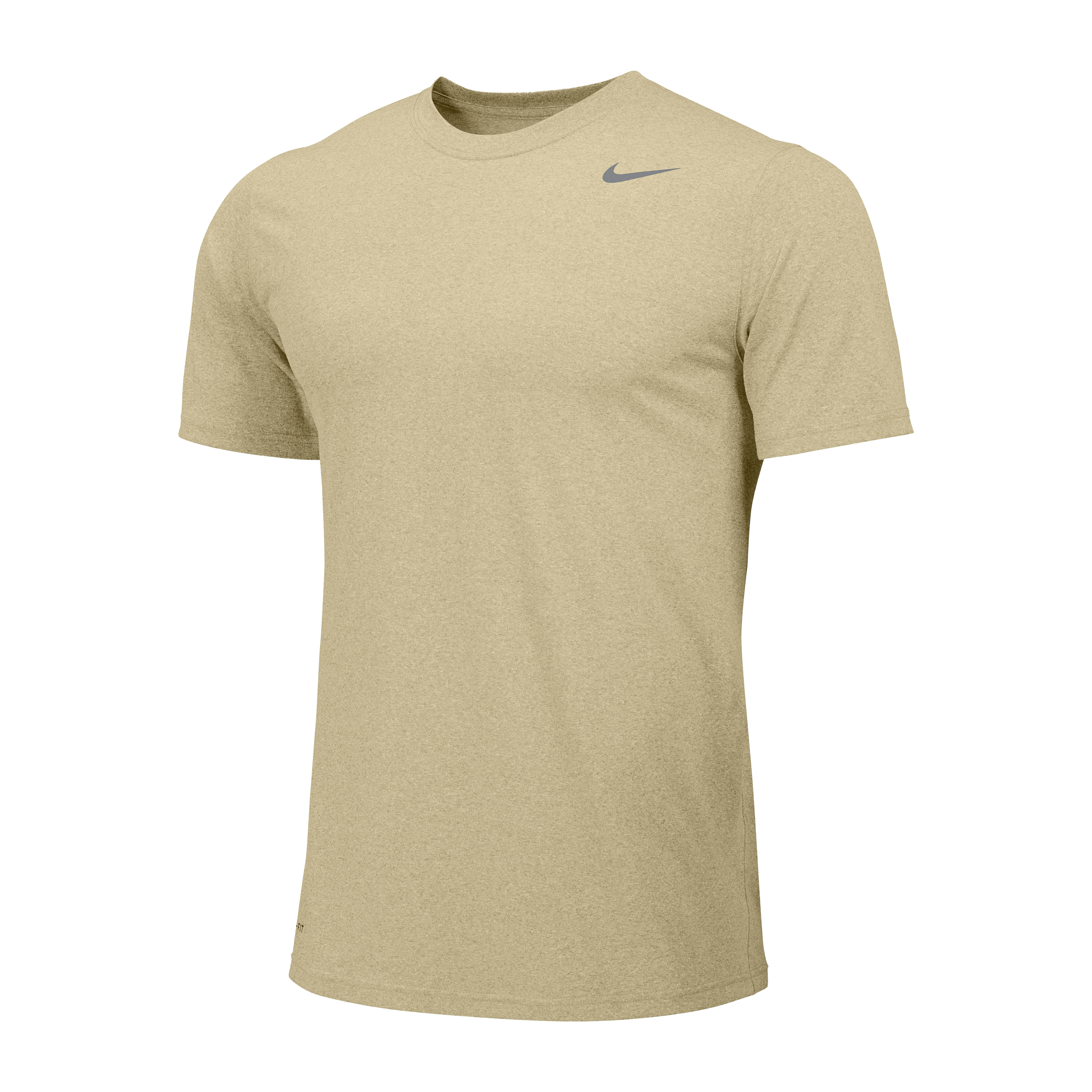 A tan, short-sleeved Nike performance t-shirt with a small grey swoosh logo on the upper left chest, shown against a white background.