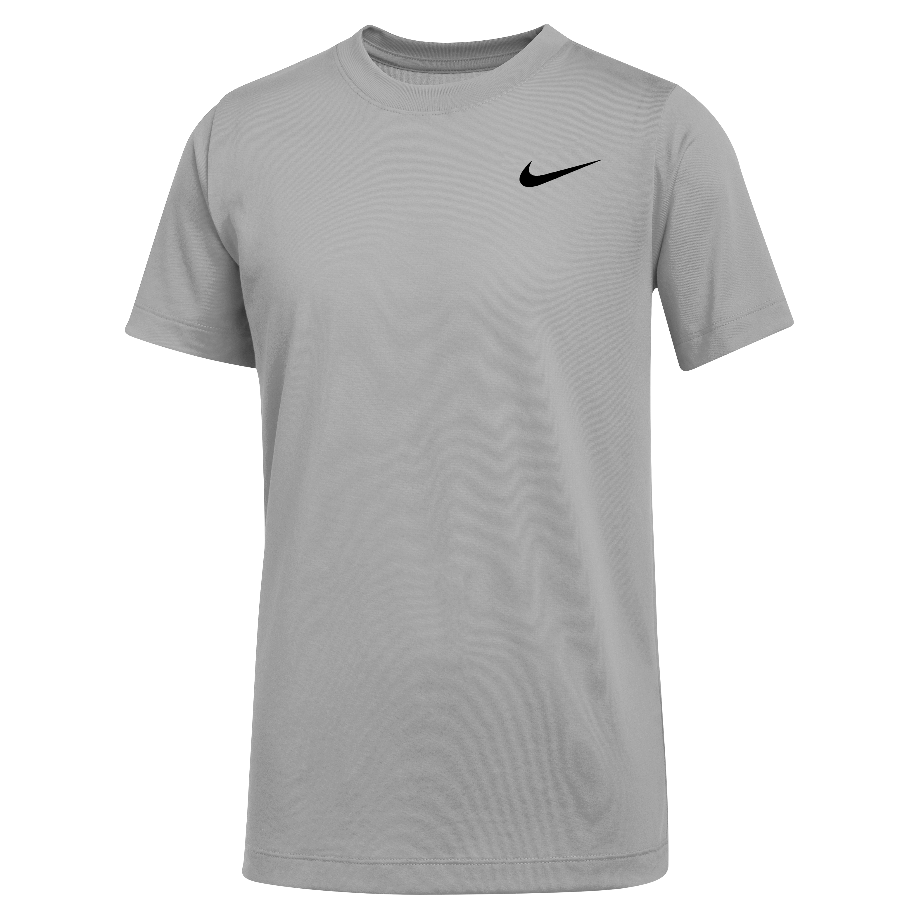 A short-sleeved grey Nike crew neck t-shirt featuring a small black swoosh logo on the upper right chest.