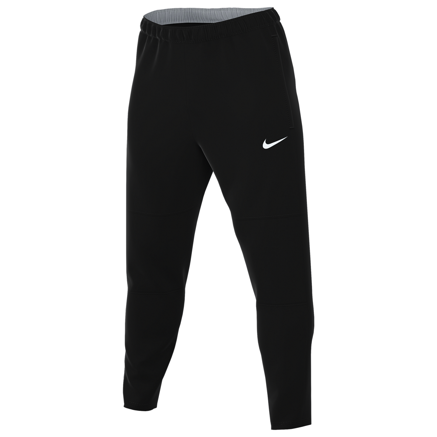 Black Nike athletic pants with a white swoosh logo on the left hip and an elastic waistband, shown against a white background.