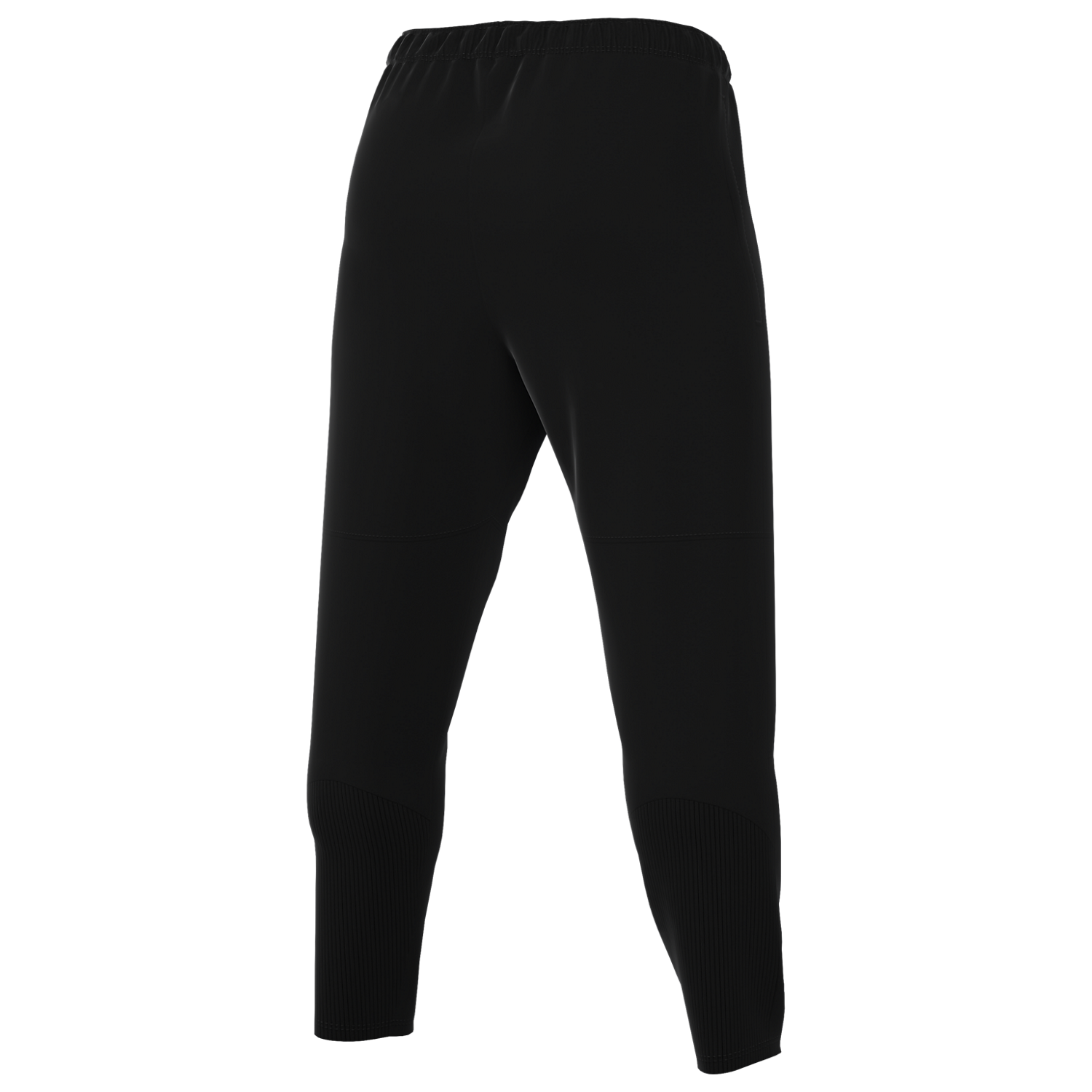 Rear view of black tapered athletic pants with an elastic waistband and ribbed lower leg panels.