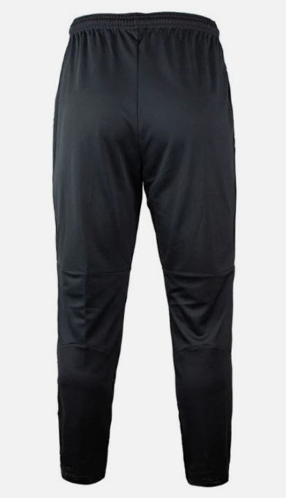 Rear view of black athletic jogger pants with an elastic waistband and horizontal seams at the knees.
