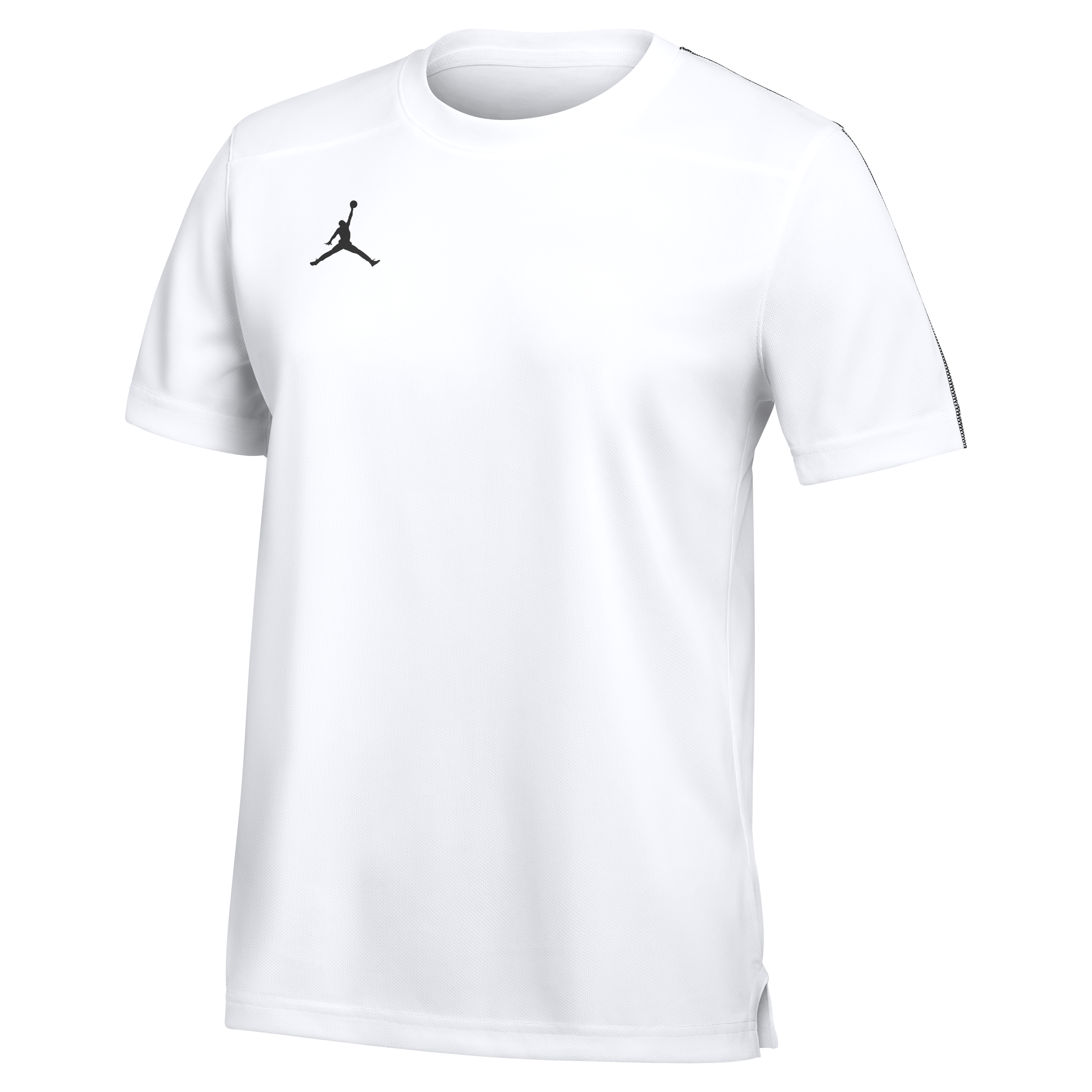 A white short-sleeve t-shirt featuring a black Jordan Jumpman logo on the chest and patterned trim along the shoulders and sleeves.
