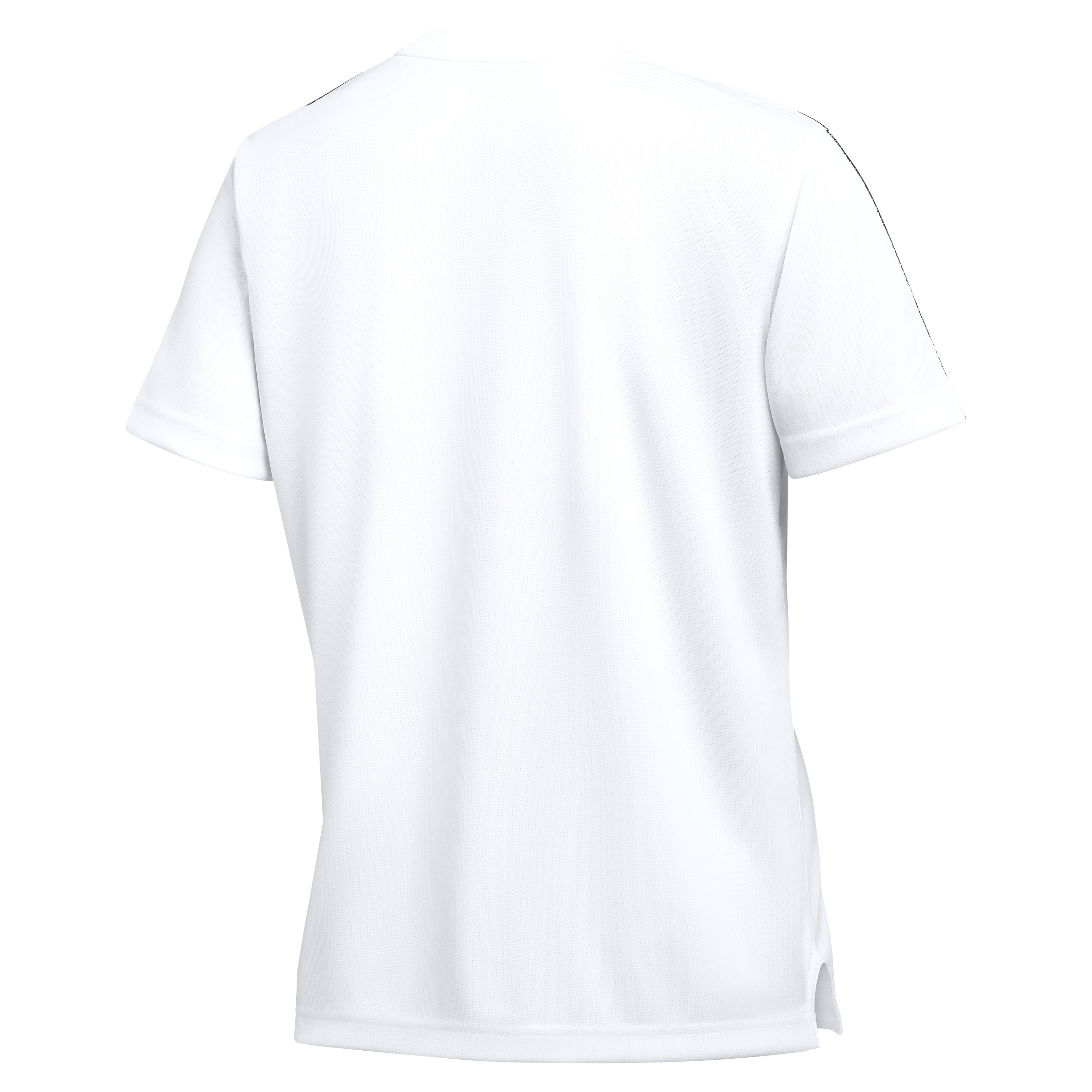 Back view of a white short-sleeved athletic t-shirt featuring a mesh texture and small side slits at the hem.