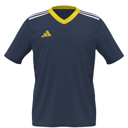 A navy blue short-sleeved Adidas jersey featuring a yellow V-neck collar, a yellow performance logo on the chest, and three white stripes on the shoulders.