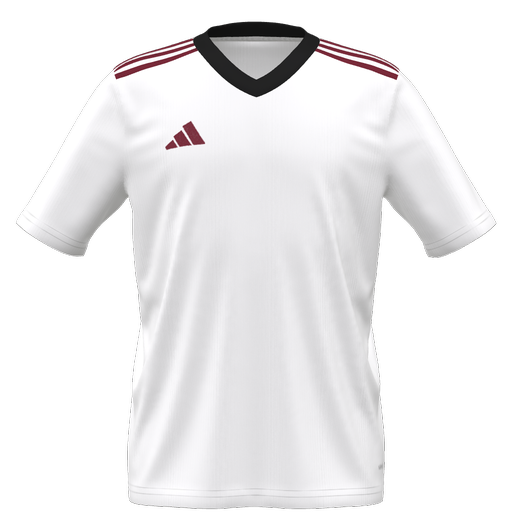 White Adidas soccer jersey with a black V-neck, maroon stripes on the shoulders, and a maroon Adidas logo on the chest.