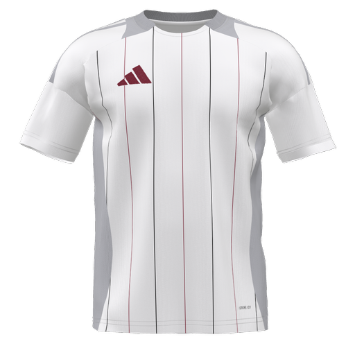 A white Adidas soccer jersey featuring thin maroon and grey vertical pinstripes, grey side panels, and a maroon Adidas logo on the chest.