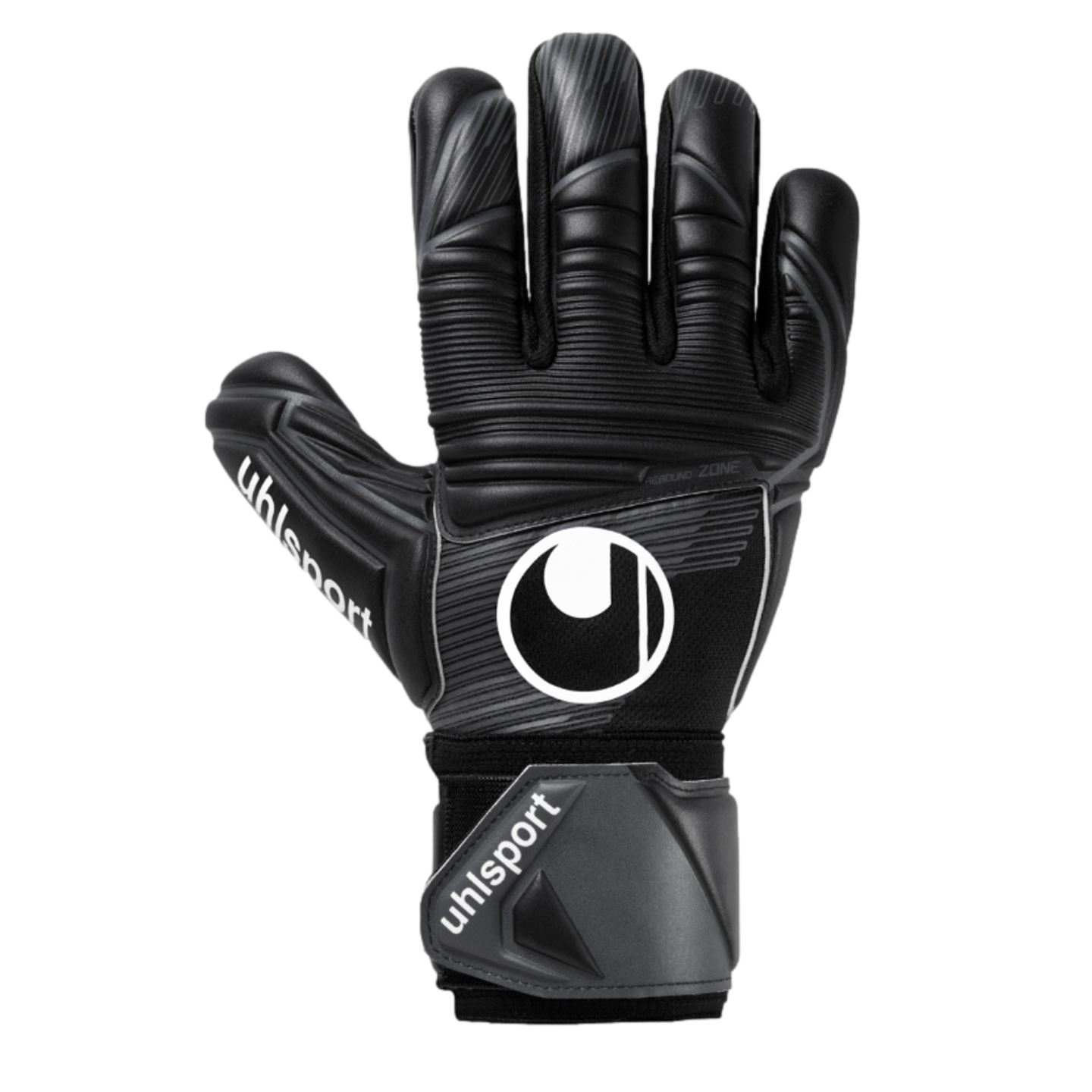 A backhand view of the black Uhlsport Comfort Absolutgrip HN Goalkeeper Gloves featuring white branding on the hand, thumb, and wrist strap.