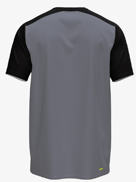 Back view of a grey short-sleeve athletic shirt featuring black sleeves and shoulders. A small yellow logo is located at the bottom right hem.