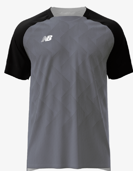 Gray New Balance athletic t-shirt featuring black raglan sleeves, a subtle geometric dot pattern on the body, and a white NB logo on the chest.