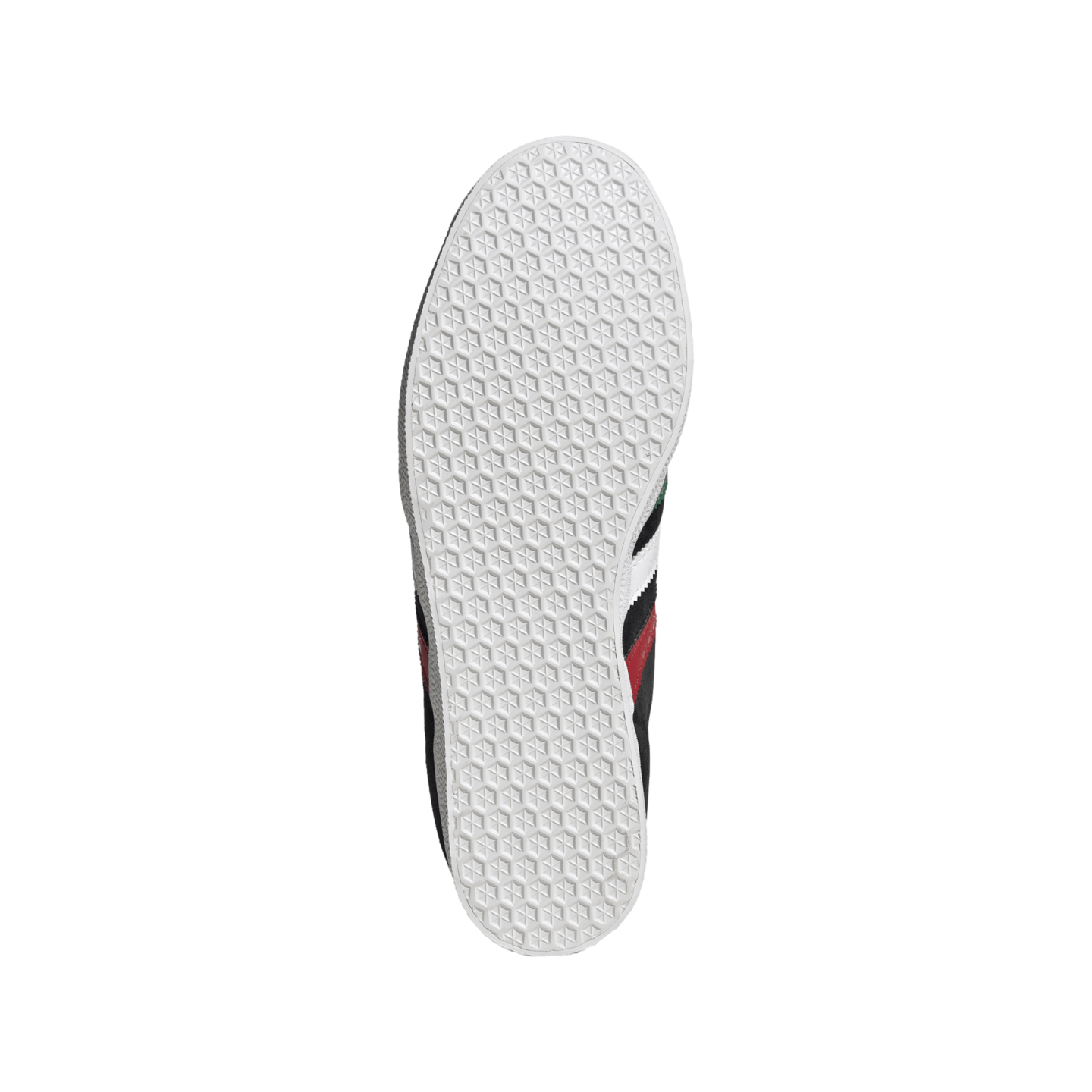 Top-down view of a white sneaker sole with a hexagonal grip pattern. Parts of the black upper with red and white stripes are visible against a solid black background.